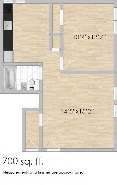 Floor plan for 1 bed, 1 bath, 700 sqft